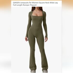QINSEN Olive Jumpsuit Square Neck With Flare Leg Sz XL NWOT